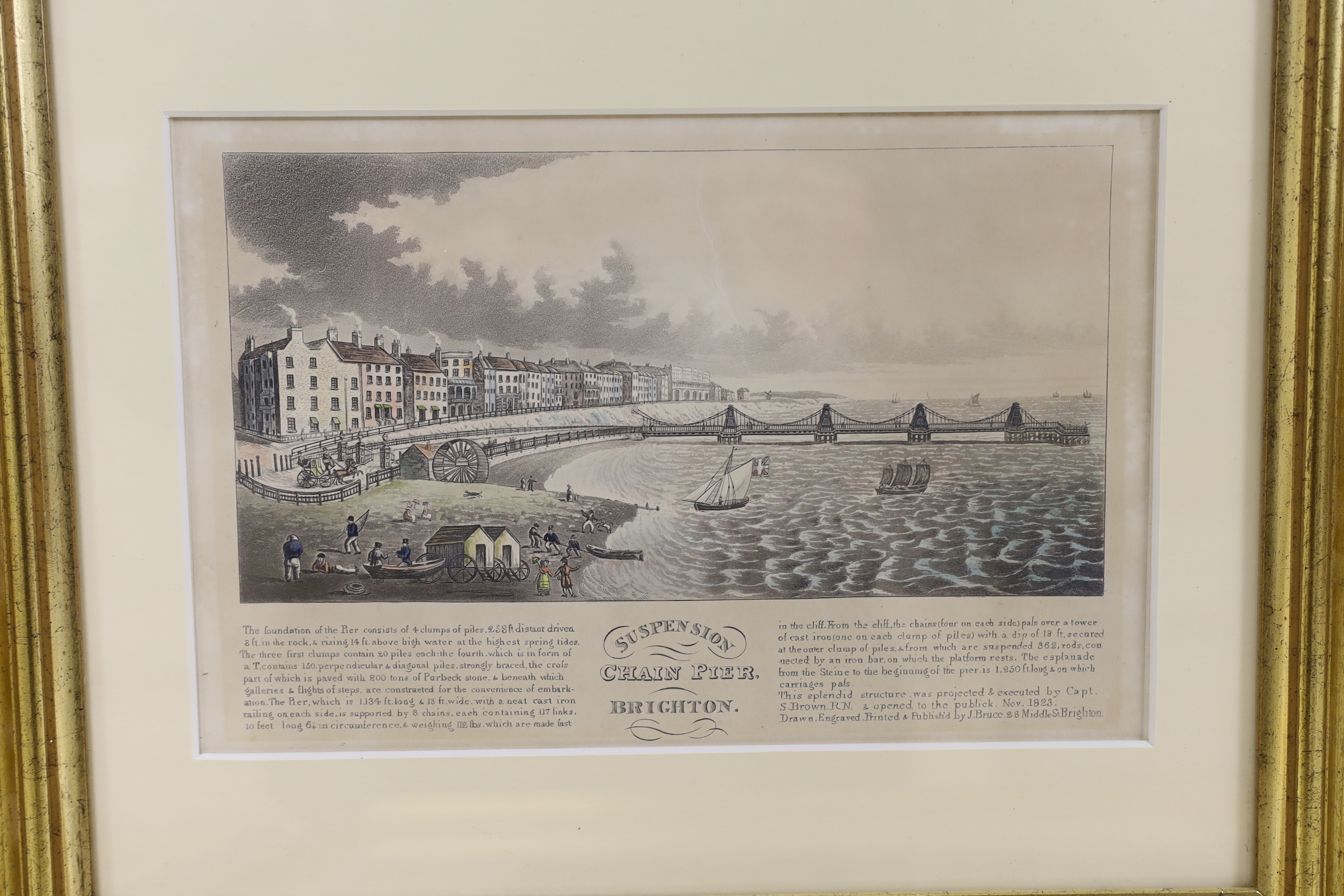 Eight 19th century engravings and prints of Brighton Chain Pier, some hand coloured, including one after Joseph Cordwell, Royal Chain Pier, Brighton, publ. 1824 and one after John Bruce